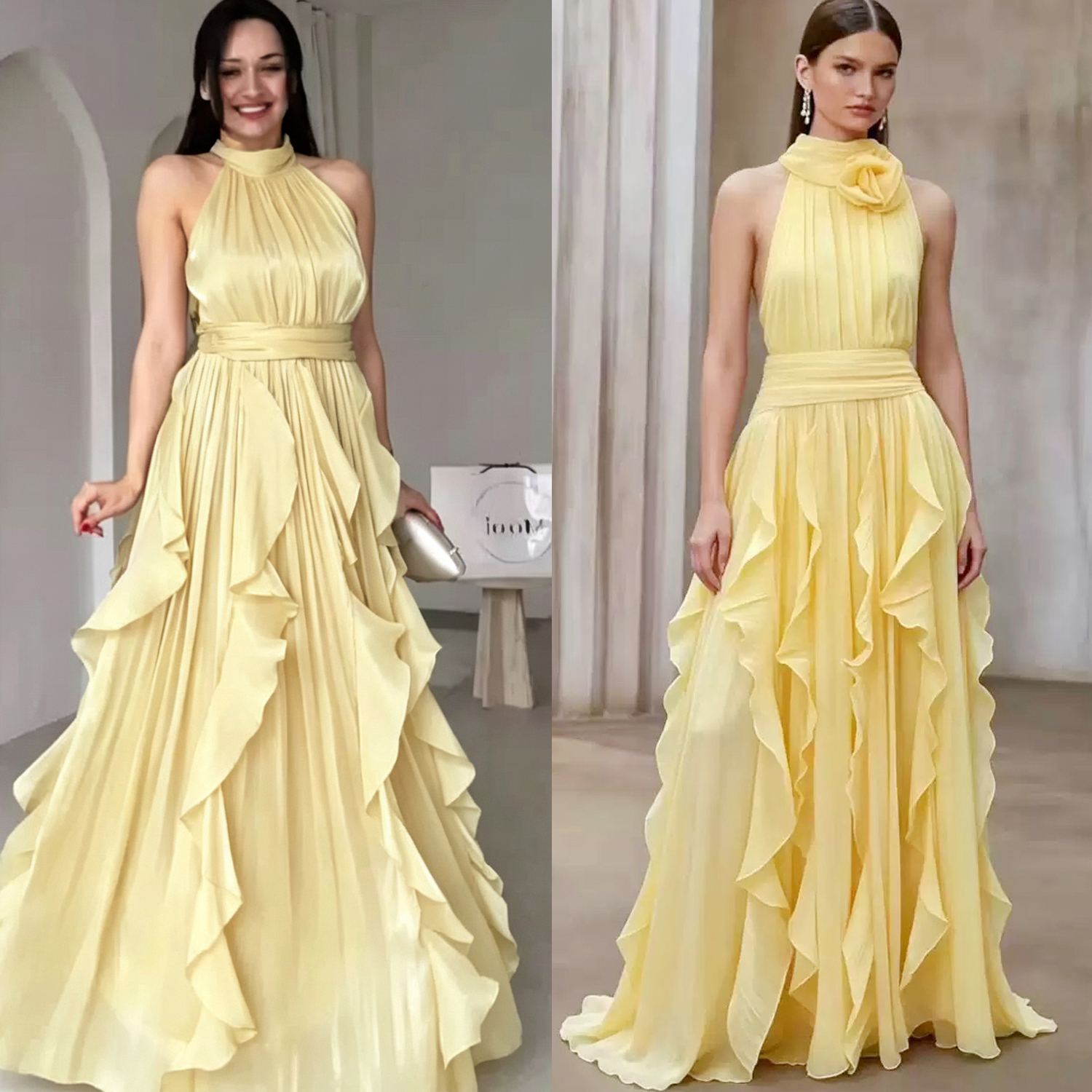 French socialite elegant temperament with ruffled edges, pleated high waist, slim fit, sleeveless long dress, solid color, long skirt for women