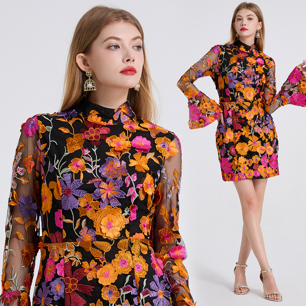 Realistic shooting of autumn and winter heavy industry three-dimensional flower embroidery flower stand collar trumpet long sleeved dress evening dress dress