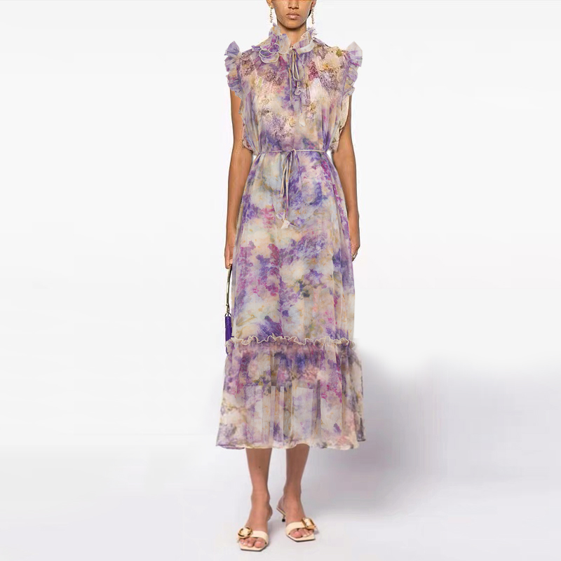 Australian vacation style new retro printed silk crepe flowing style dress with mushroom edge loose mid length skirt Australian vacation style new retro printed silk crepe flowing style dress with mushroom edge loose mid length skirt