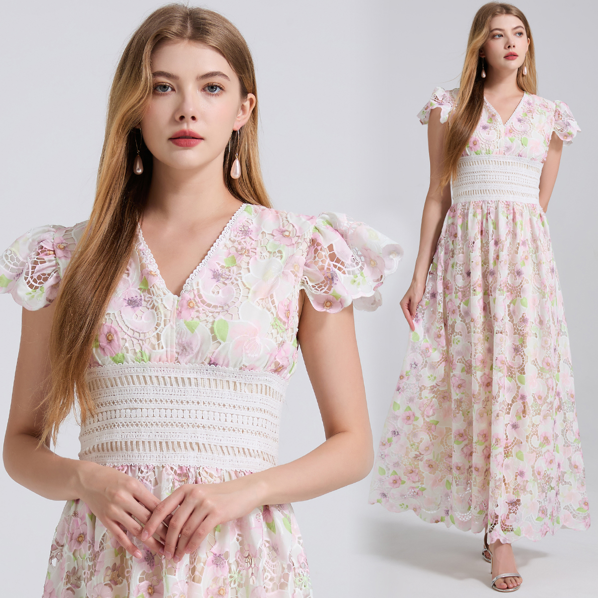Realistic shooting of heavy-duty three-dimensional flower cutting splicing lace flying sleeves high waisted dress slim fit A-line skirt