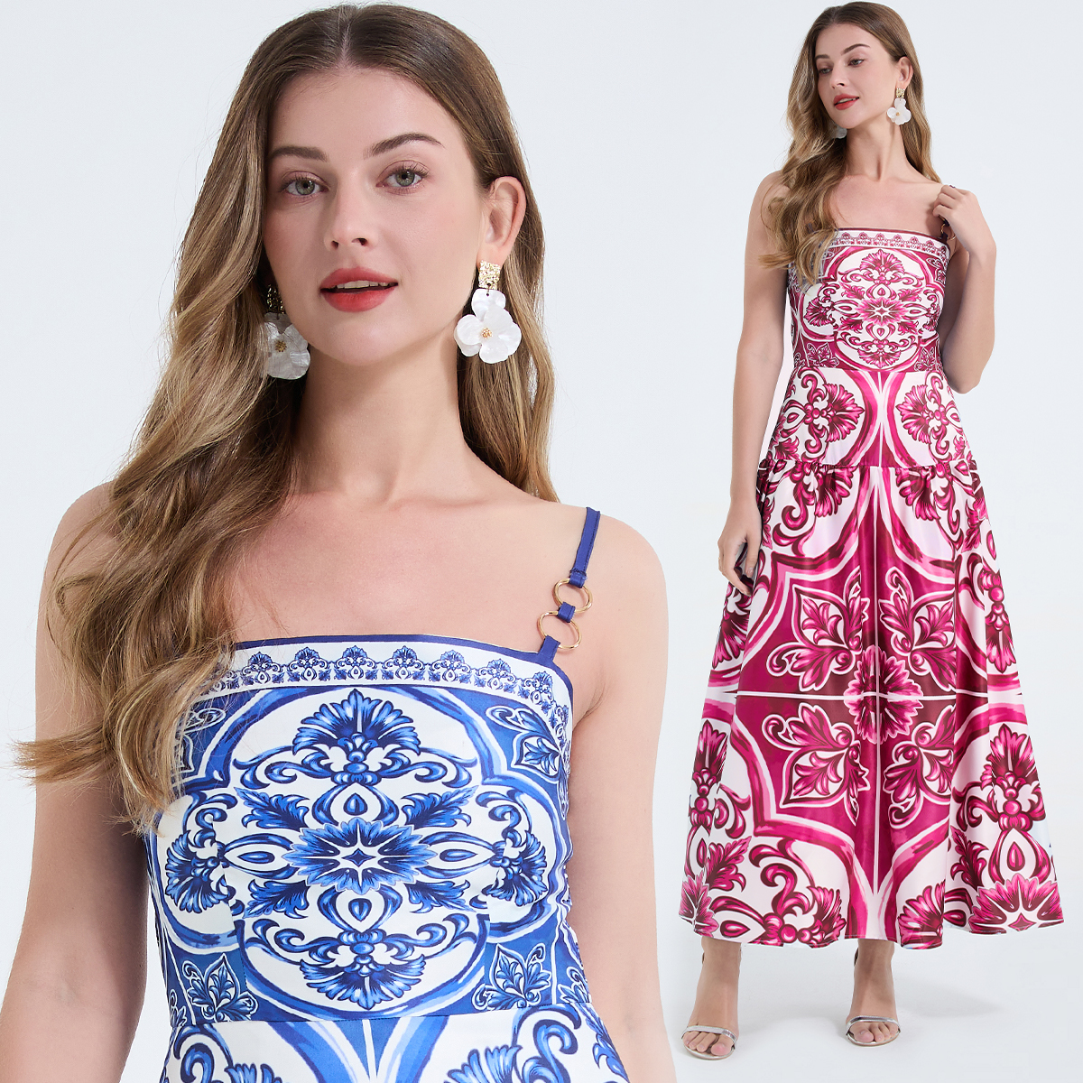Real shot retro blue and white porcelain positioning printed suspender dress with metal ring buckle shoulder strap, slim fit large swing long skirt
