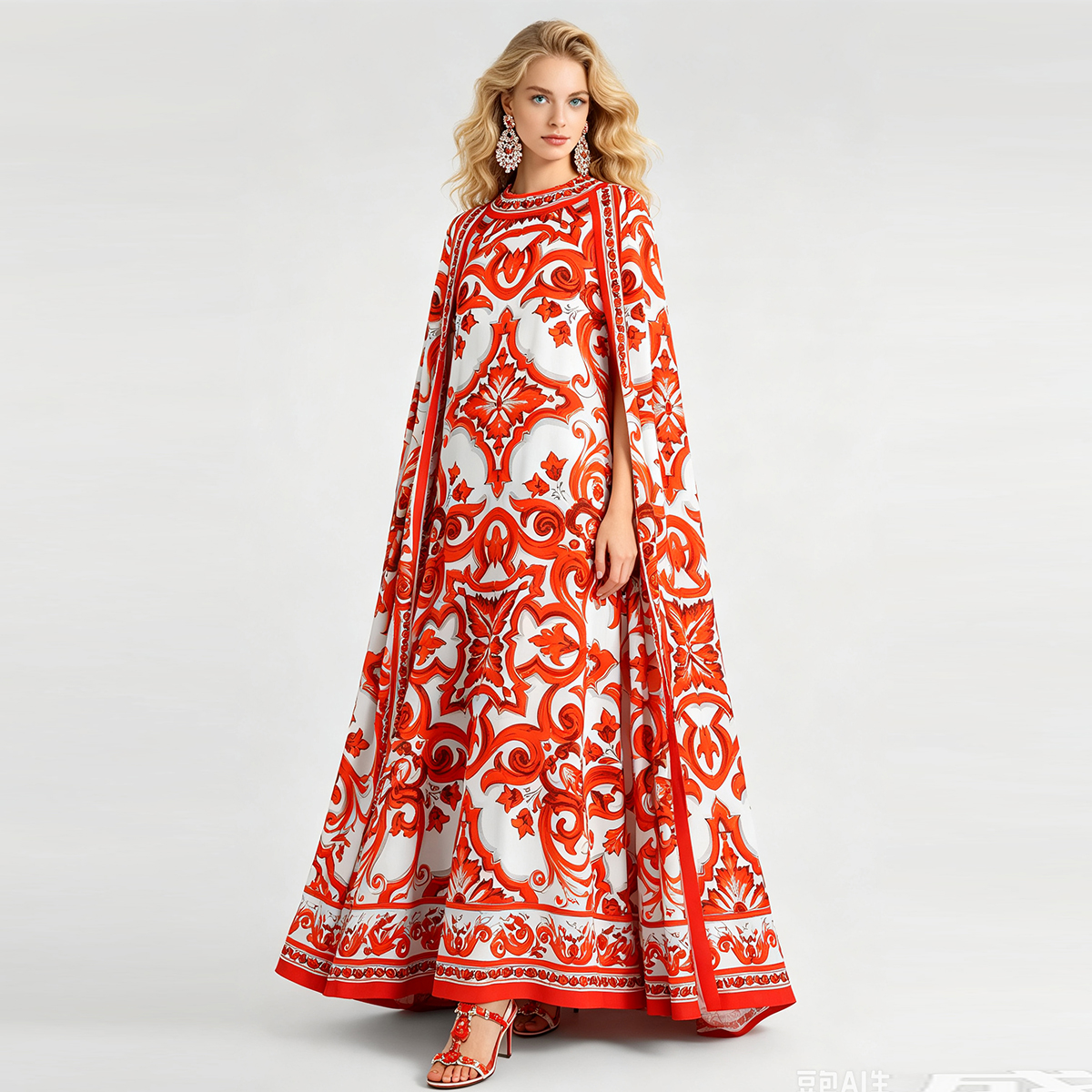 Positioning: Round neck large flower loose shawl round neck plus size dress, bat big swing A-line floor length skirt Positioning: Round neck large flower loose shawl round neck plus size dress, bat big swing A-line floor length skirt