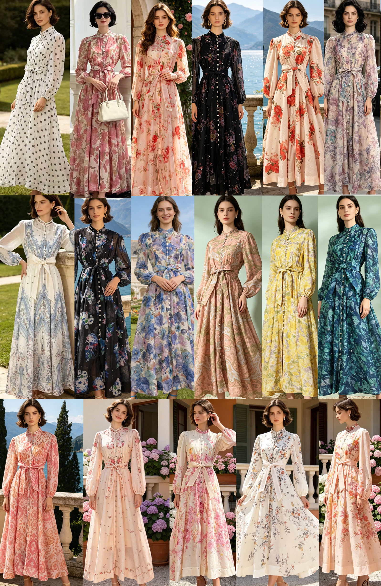 Classic European and American style women's clothing with polka dot stand up collar, single breasted lantern sleeves, heavy-duty nail drill waist cinching, large swing dress, long skirt Classic European and American style women's clothing with polka dot stand up collar, single breasted lantern sleeves, heavy-duty nail drill waist cinching, large swing dress, long skirt