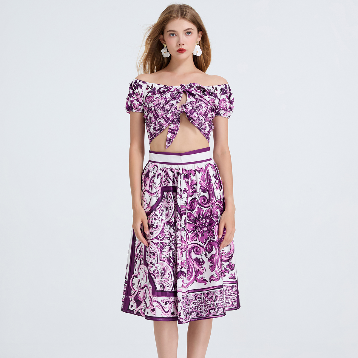 Real shot sexy one shoulder butterfly tie tied short sleeved top+high waisted printed skirt two-piece set Real shot sexy one shoulder butterfly tie tied short sleeved top+high waisted printed skirt two-piece set