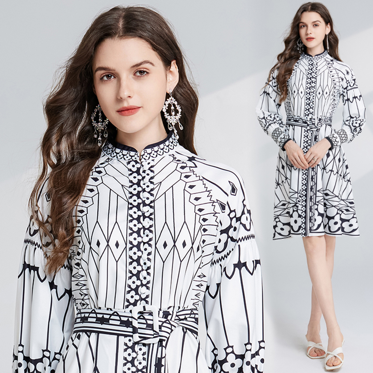 Realistic photo of European and American retro style black and white printed stand up collar dress with lace up lantern sleeves and large swing A-line skirt