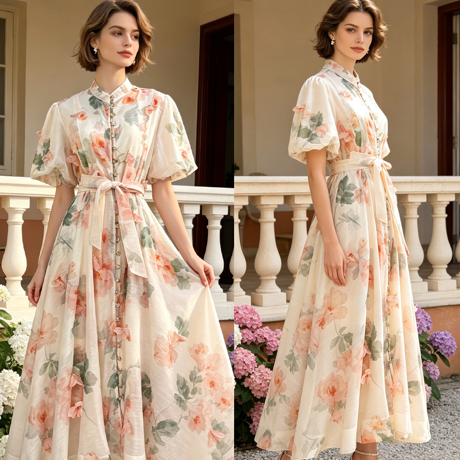 European and American elegant socialite temperament retro printed heavy three-dimensional flower stand up collar single breasted waist slimming dress European and American elegant socialite temperament retro printed heavy three-dimensional flower stand up collar single breasted waist slimming dress