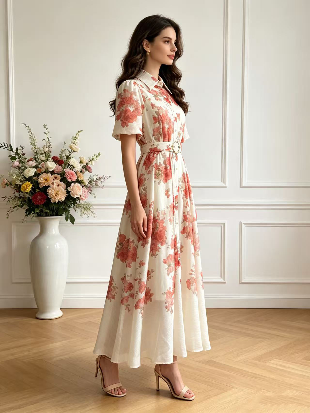 Australian retro printed elegant socialite temperament with a lapel and bubble sleeves, short sleeved summer waist slimming dress, long skirt Australian retro printed elegant socialite temperament with a lapel and bubble sleeves, short sleeved summer waist slimming dress, long skirt