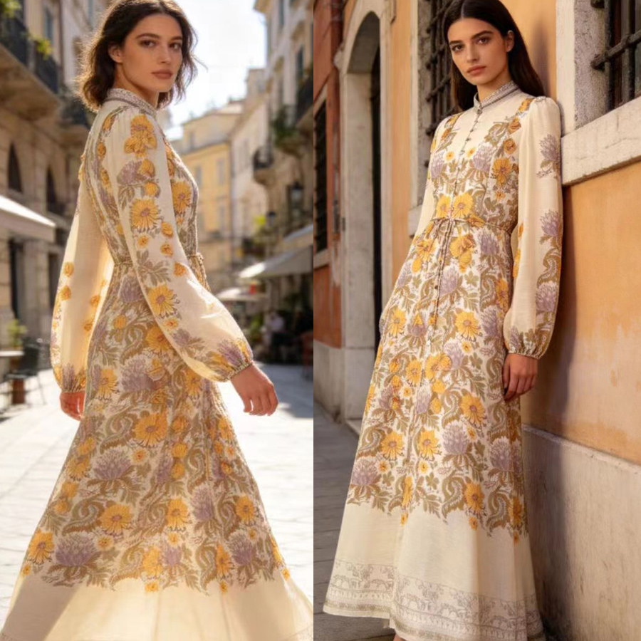Australian niche 2026 summer elegant stand up collar single breasted heavy industry floral fringe two-piece dress long skirt Australian niche 2026 summer elegant stand up collar single breasted heavy industry floral fringe two-piece dress long skirt