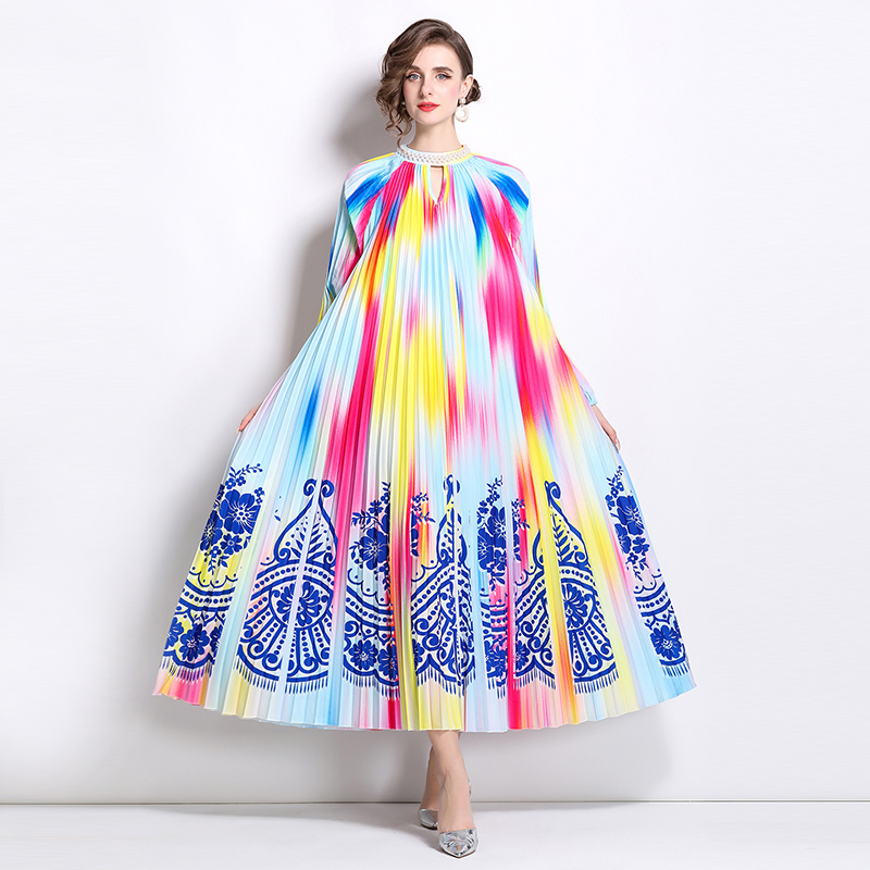 Original 2026 high-end nail bead positioning printed pleated pearl buckle pleated long skirt Original 2026 high-end nail bead positioning printed pleated pearl buckle pleated long skirt