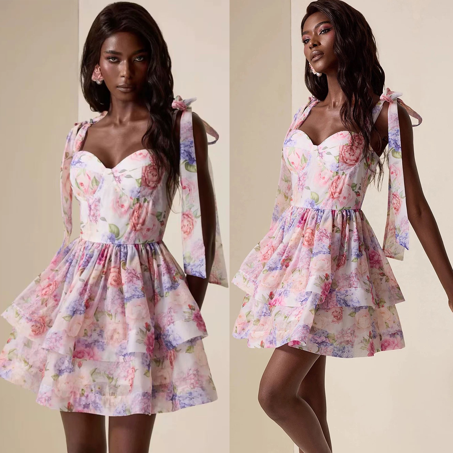 European and American sleeveless camisole strap casual short skirt strapless backless floral print layered cake dress short skirt