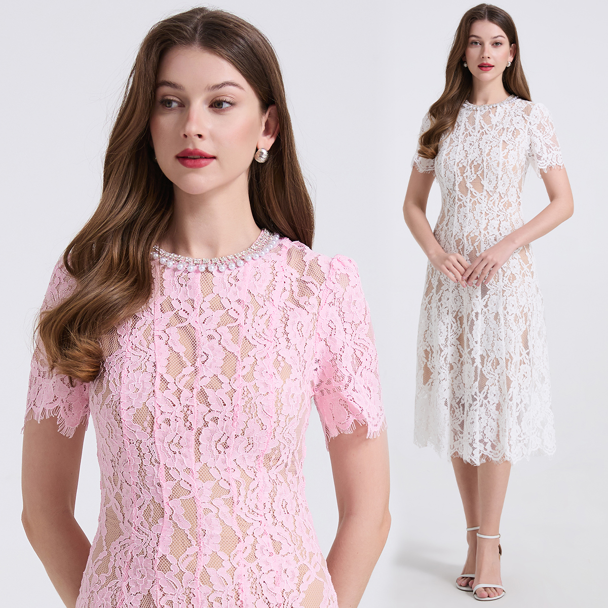 Real shooting of spring and summer new elastic lace pearl diamond round neck short sleeved dress, slim fit A-line skirt