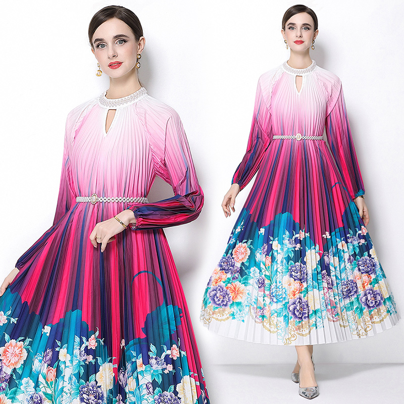 Original 2026 high-end nail bead positioning printed pleated pearl buckle pleated long skirt
