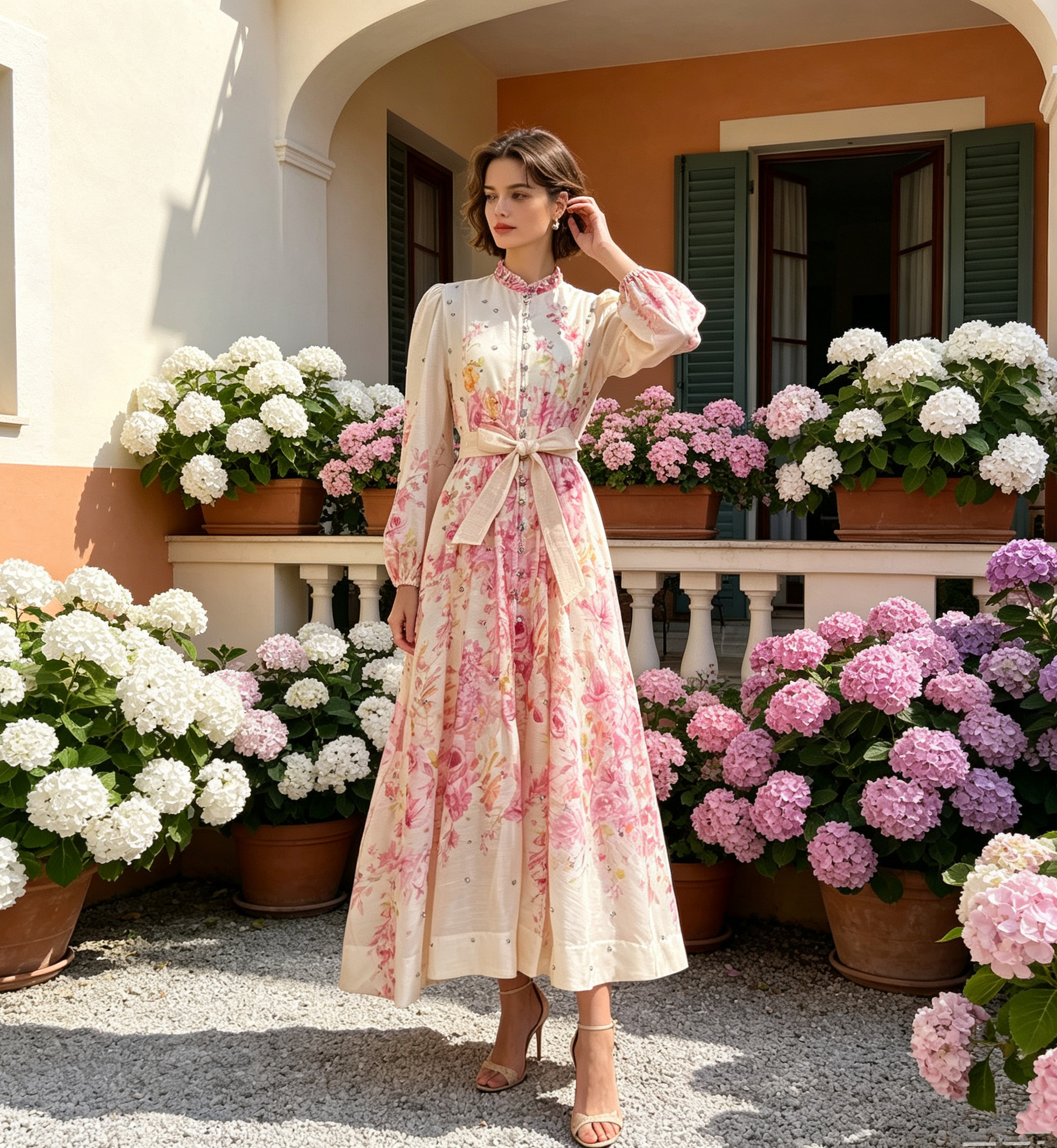Australian retro print stand up collar lantern sleeves long sleeves heavy studded beads elegant socialite temperament two-piece dress long Australian retro print stand up collar lantern sleeves long sleeves heavy studded beads elegant socialite temperament two-piece dress long