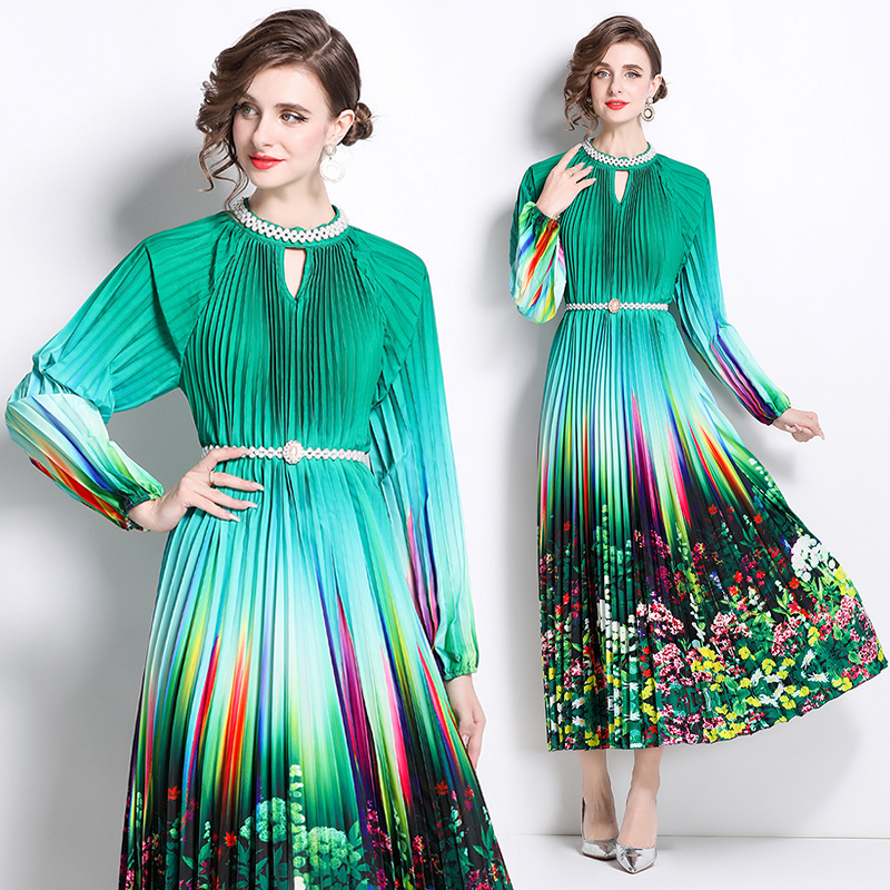 Original 2026 high-end nail bead positioning printed pleated pearl buckle pleated long skirt
