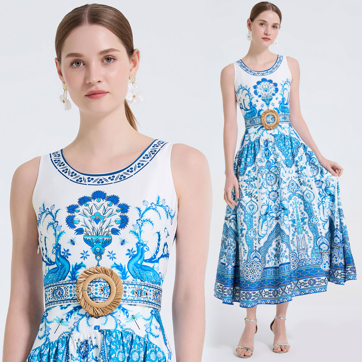 Real shot peacock flower fashion positioning print round neck waist cinching long skirt rattan woven belt decoration A swing skirt