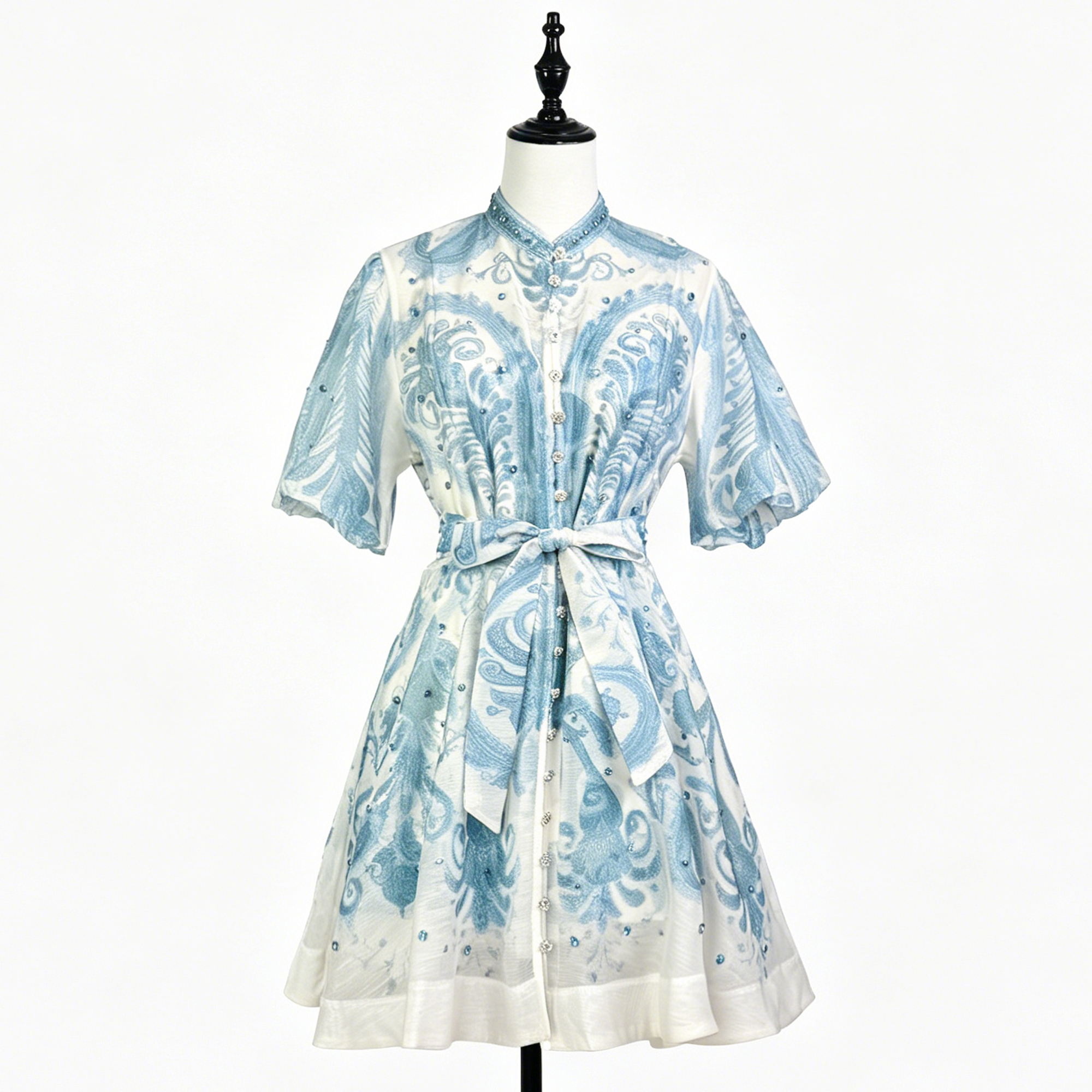 Australian vacation style summer new French retro printed bubble sleeves short sleeves studded diamond single breasted dress umbrella skirt Australian vacation style summer new French retro printed bubble sleeves short sleeves studded diamond single breasted dress umbrella skirt