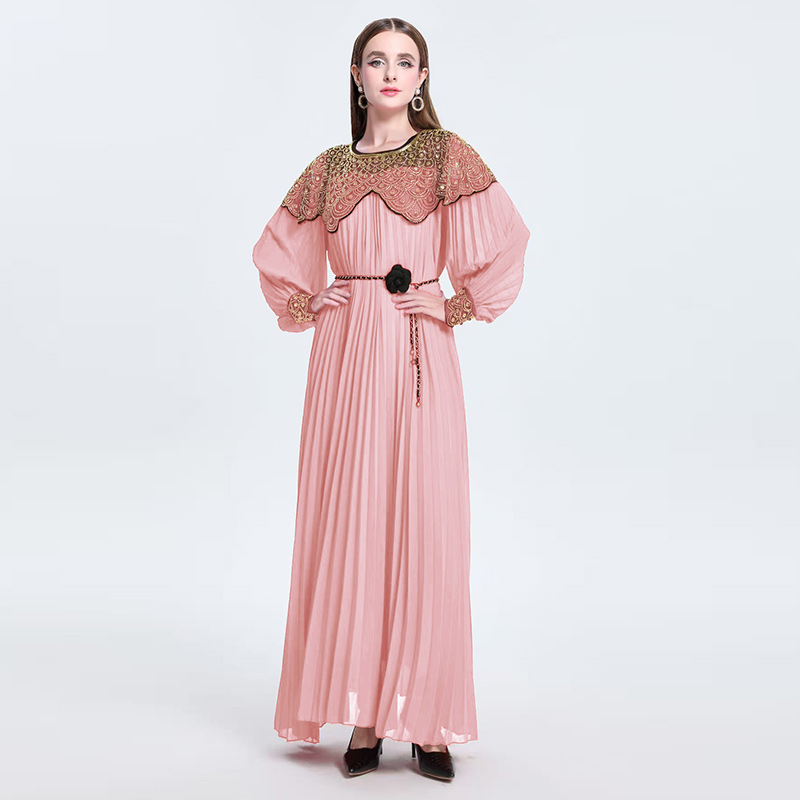 Light luxury high-end embroidered bead sequin round neck long sleeved dress, super fairy pleated elegant dress Light luxury high-end embroidered bead sequin round neck long sleeved dress, super fairy pleated elegant dress