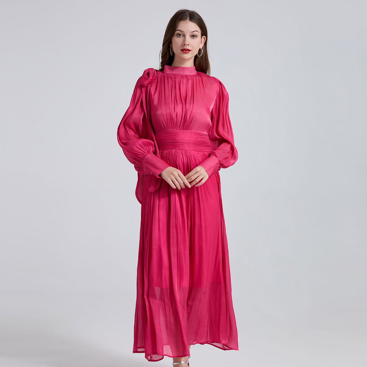 Realistic French Romantic Glowing Wrinkle Bow Strap Waist Dress with Hot Diamond Stand up Collar and Large Swing Skirt Realistic French Romantic Glowing Wrinkle Bow Strap Waist Dress with Hot Diamond Stand up Collar and Large Swing Skirt