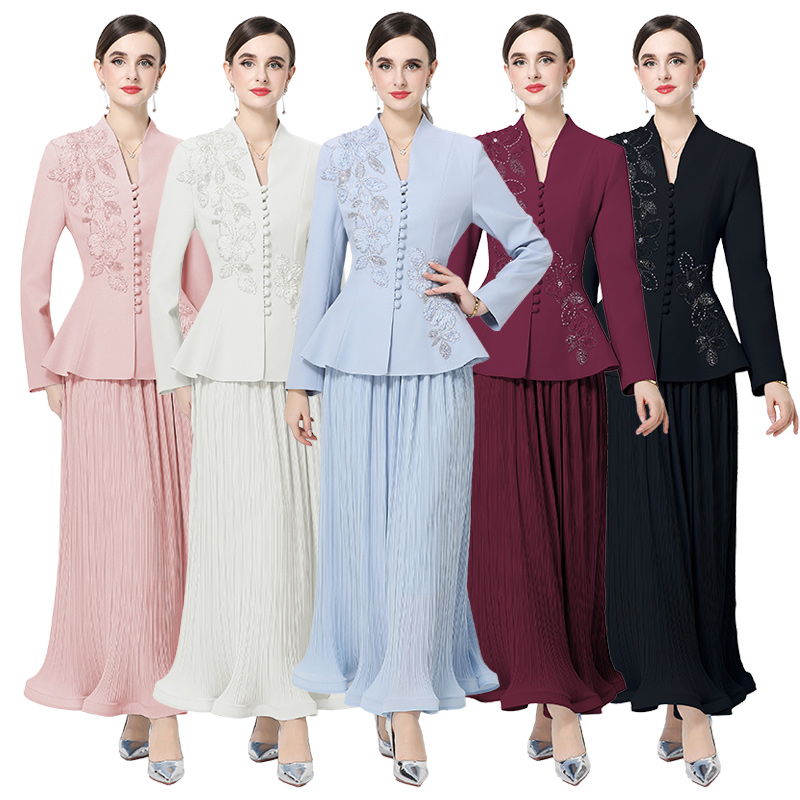 2026 new style three-dimensional flower nail bead waist cinching suit set, women's pleated skirt two-piece set