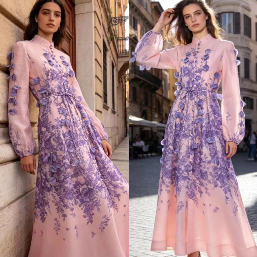 Australian niche 2026 summer elegant stand up collar single breasted heavy industry floral fringe two-piece dress long skirt Australian niche 2026 summer elegant stand up collar single breasted heavy industry floral fringe two-piece dress long skirt