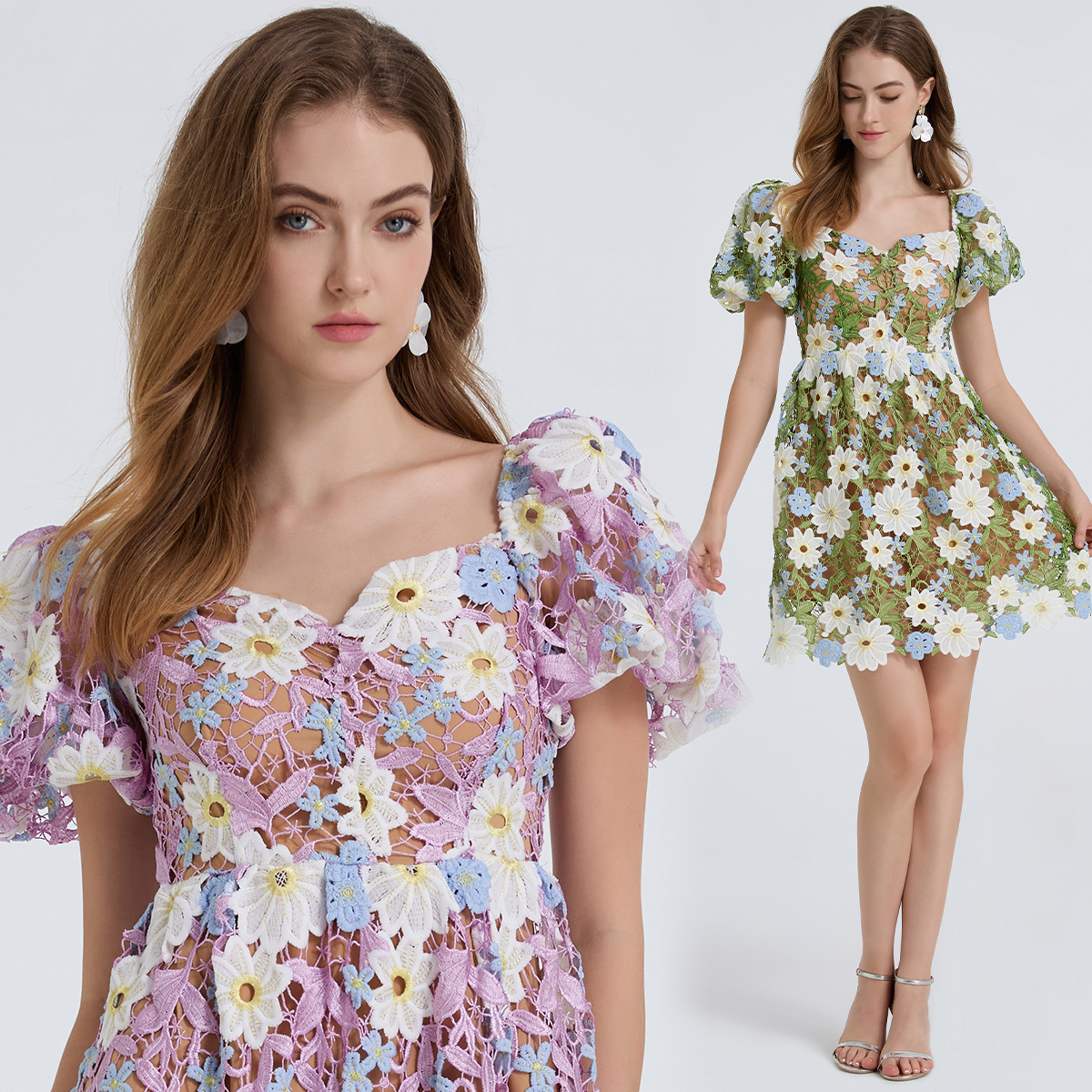 Real time shooting of fashion heavy industry water-soluble lace embroidered bubble sleeve dress, sexy shoulder swing skirt