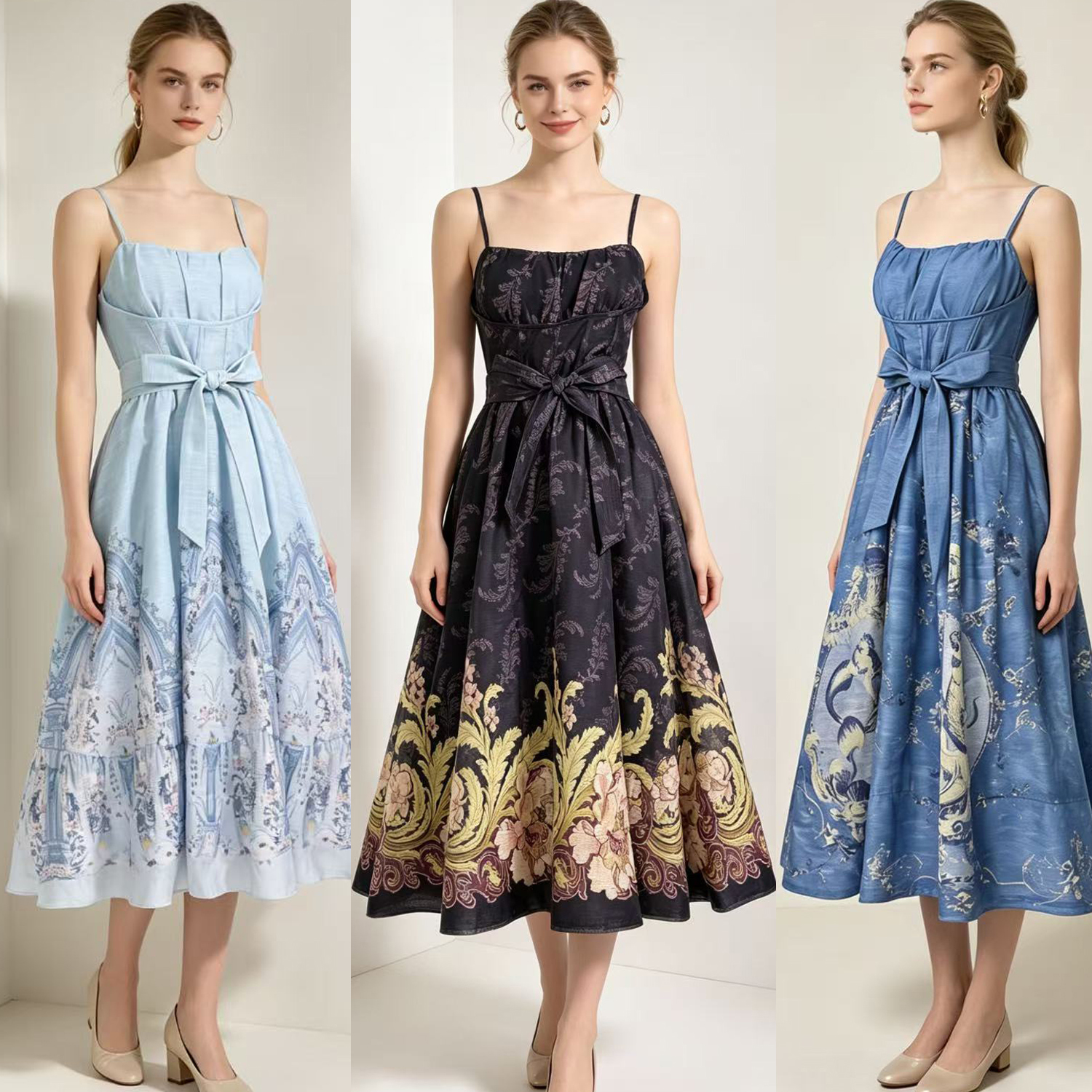 New retro printed sleeveless camisole high waisted dress for 2026 summer in Australia, suitable for vacation, large display, tea break, and long skirt