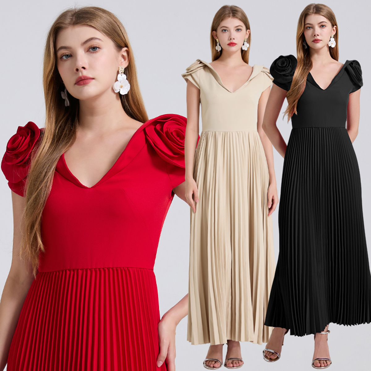 Realistic French niche design draft, three-dimensional flower organ folding and splicing, waist cinching high waisted dress