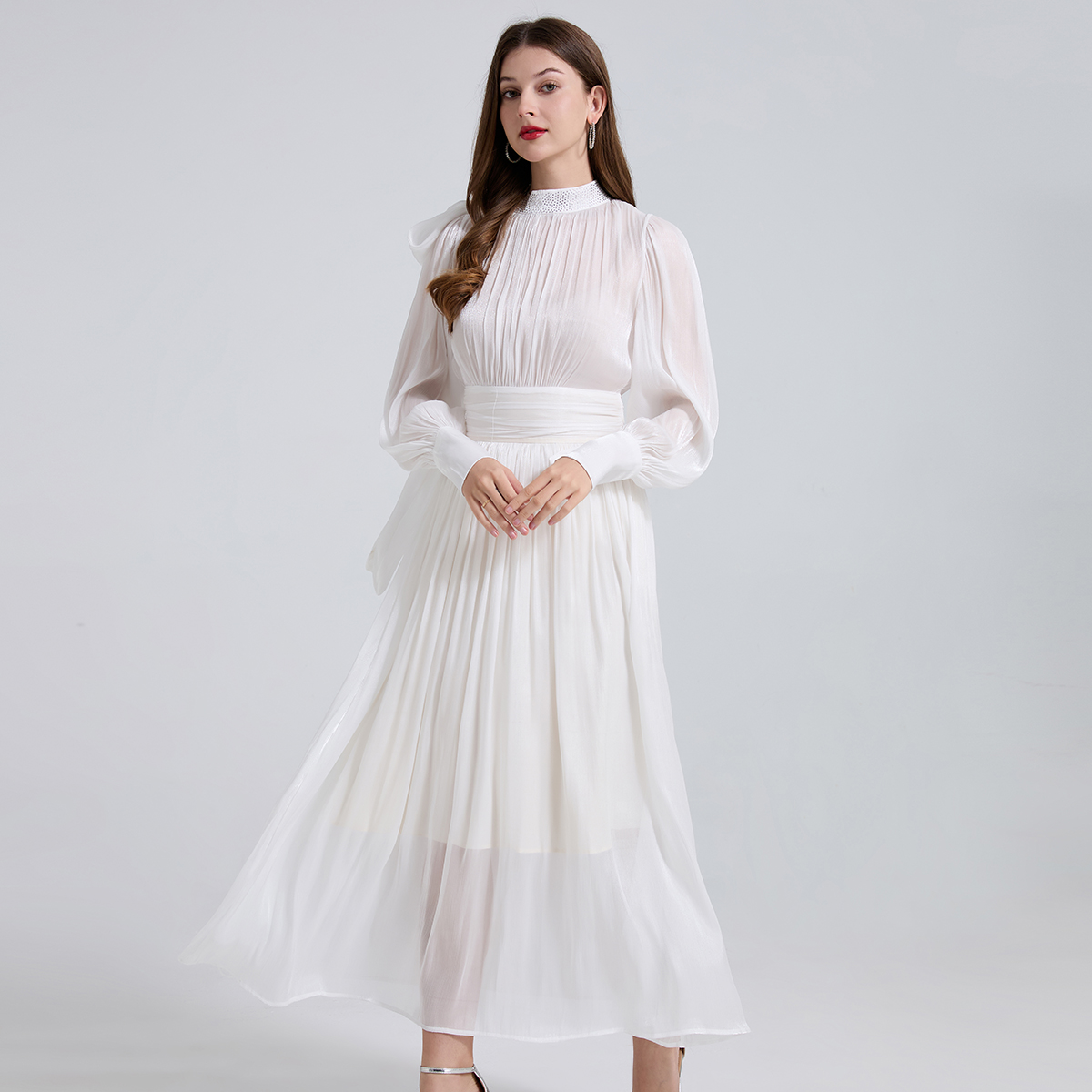 Realistic French Romantic Glowing Wrinkle Bow Strap Waist Dress with Hot Diamond Stand up Collar and Large Swing Skirt Realistic French Romantic Glowing Wrinkle Bow Strap Waist Dress with Hot Diamond Stand up Collar and Large Swing Skirt