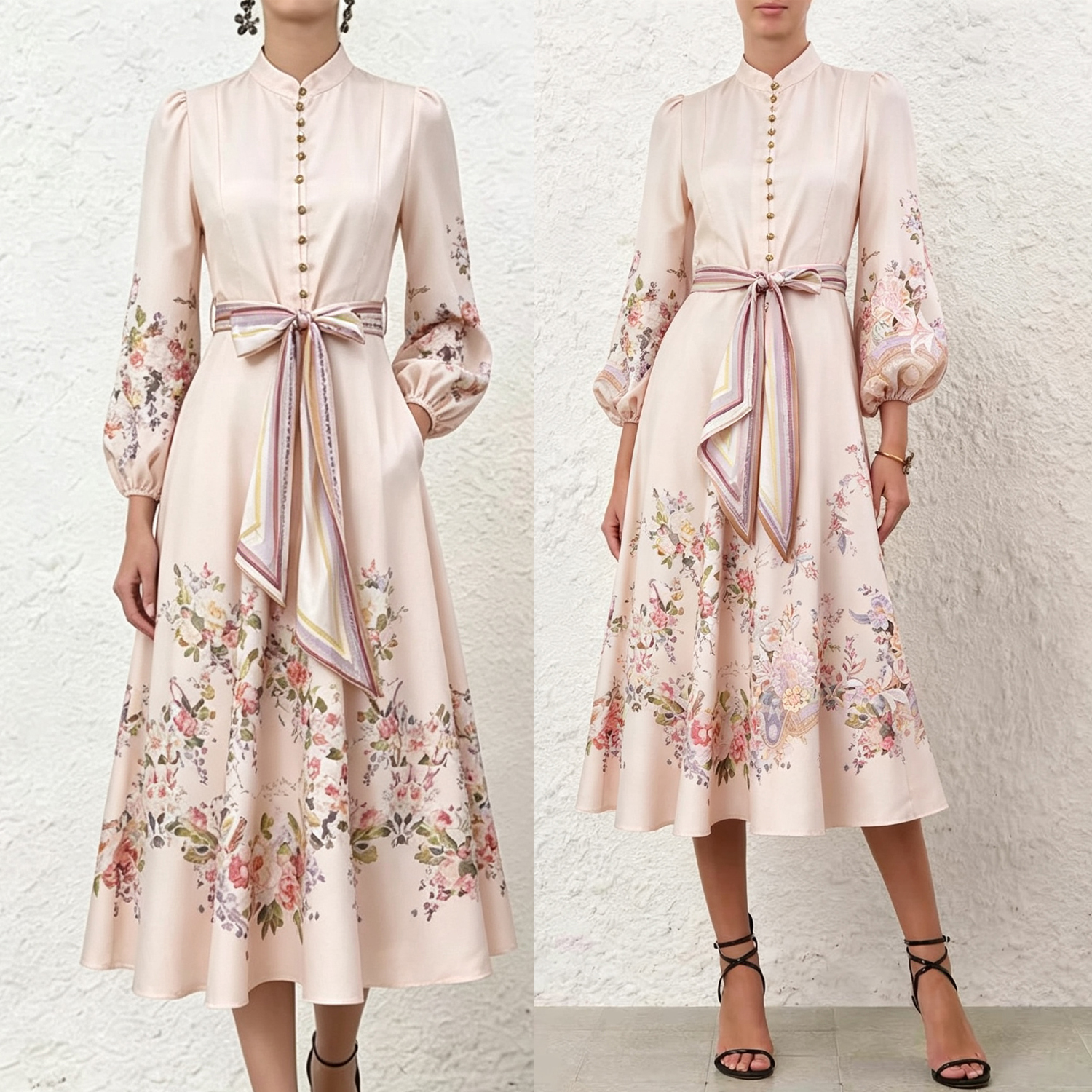 Australian Z family early autumn black floral lantern long sleeved stand collar linen lace up shirt jumpsuit medium long dress