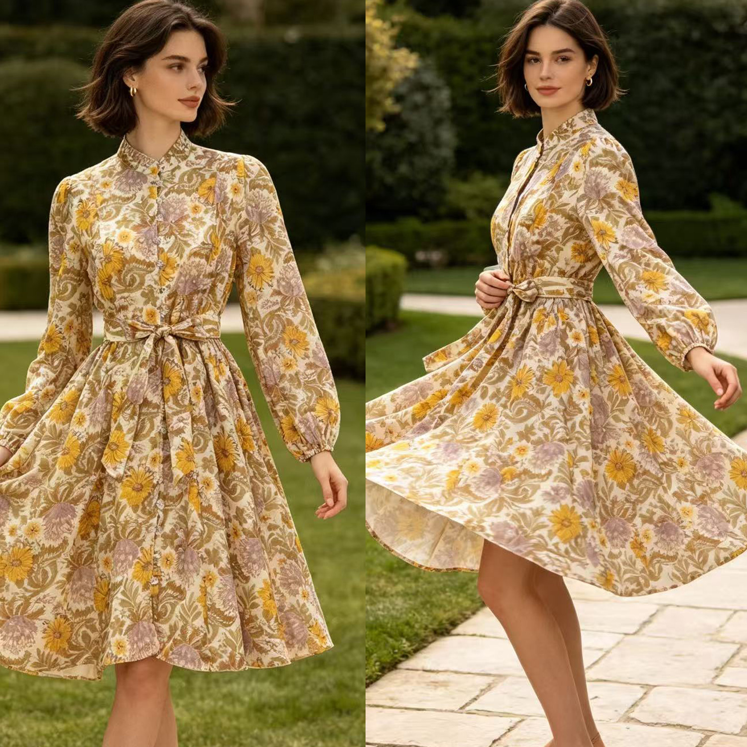 Australian niche new style positioning printing heavy industry nail drill stand collar single breasted lantern sleeve umbrella skirt dress short skirt