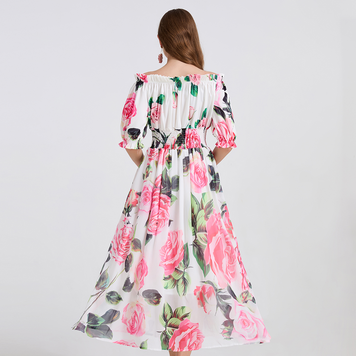 Real shot sexy one shoulder elastic waistband bow tie with printed large swing chiffon patchwork dress Real shot sexy one shoulder elastic waistband bow tie with printed large swing chiffon patchwork dress