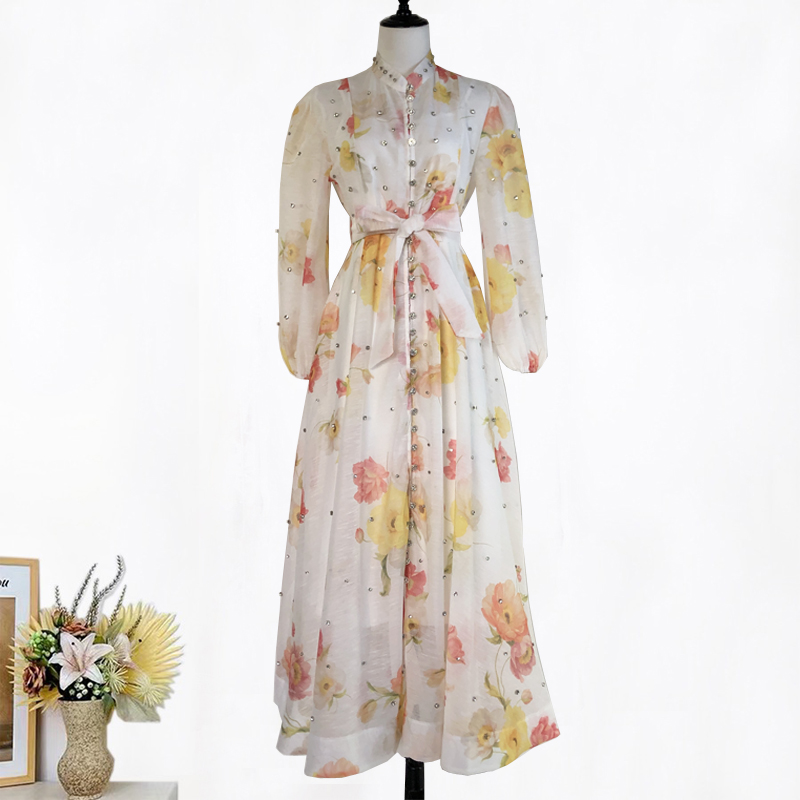Australian retro print stand up collar lantern sleeves long sleeves heavy studded diamonds elegant socialite temperament two-piece dress long Australian retro print stand up collar lantern sleeves long sleeves heavy studded diamonds elegant socialite temperament two-piece dress long