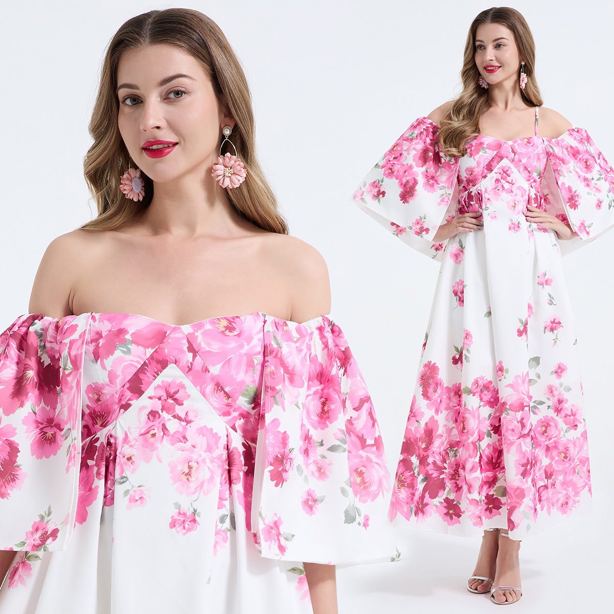 Real shot sexy off shoulder suspender three-dimensional strapless flower print dress with slim fit and large swing sleeves long skirt