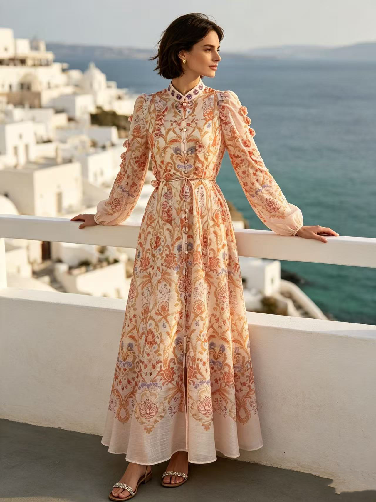 Australian niche 2026 summer elegant stand up collar single breasted heavy industry floral fringe two-piece dress long skirt Australian niche 2026 summer elegant stand up collar single breasted heavy industry floral fringe two-piece dress long skirt