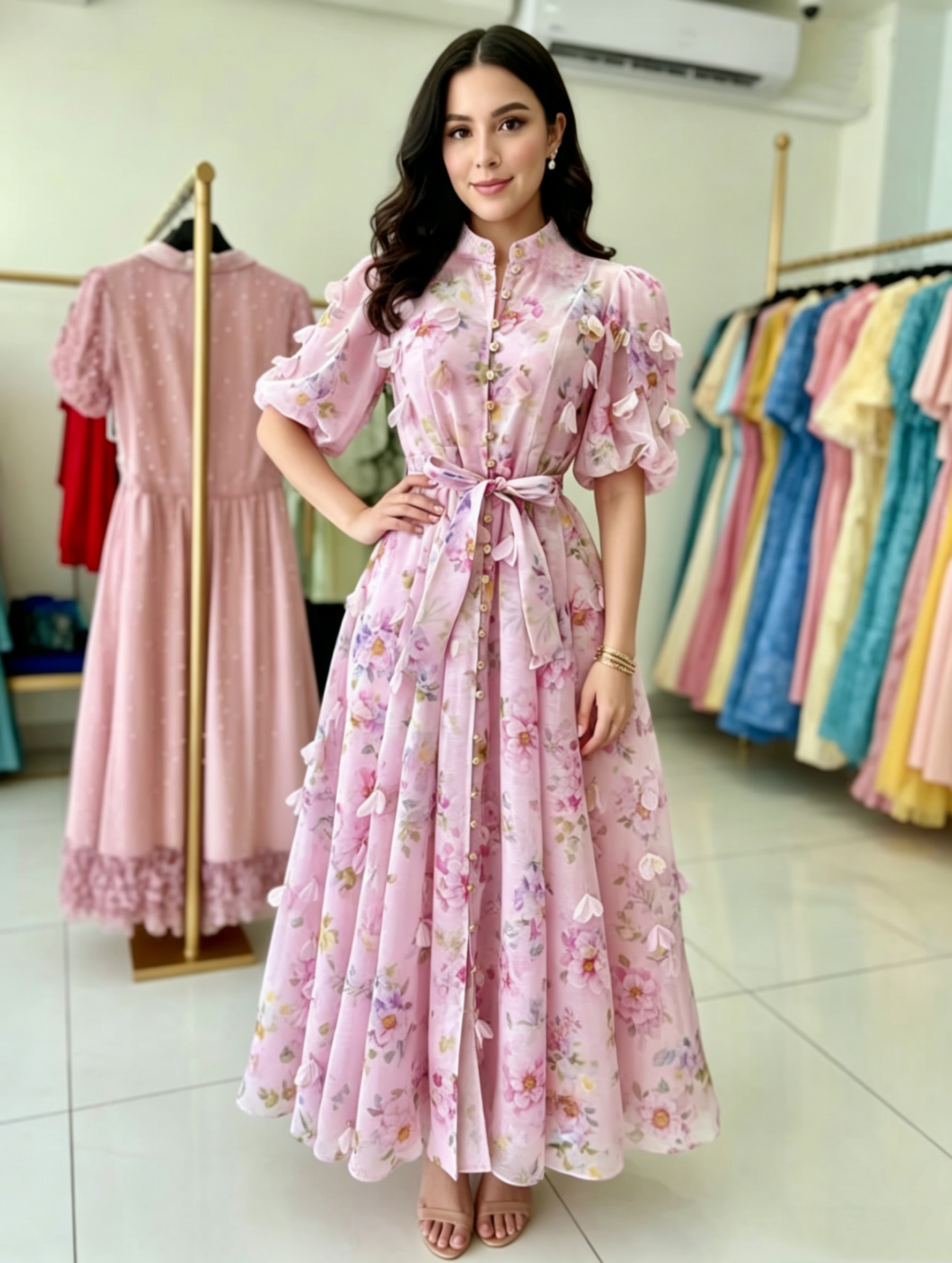 Summer elegant socialite temperament retro printed bubble sleeves short sleeved stand up collar single breasted waist slimming dress long Summer elegant socialite temperament retro printed bubble sleeves short sleeved stand up collar single breasted waist slimming dress long