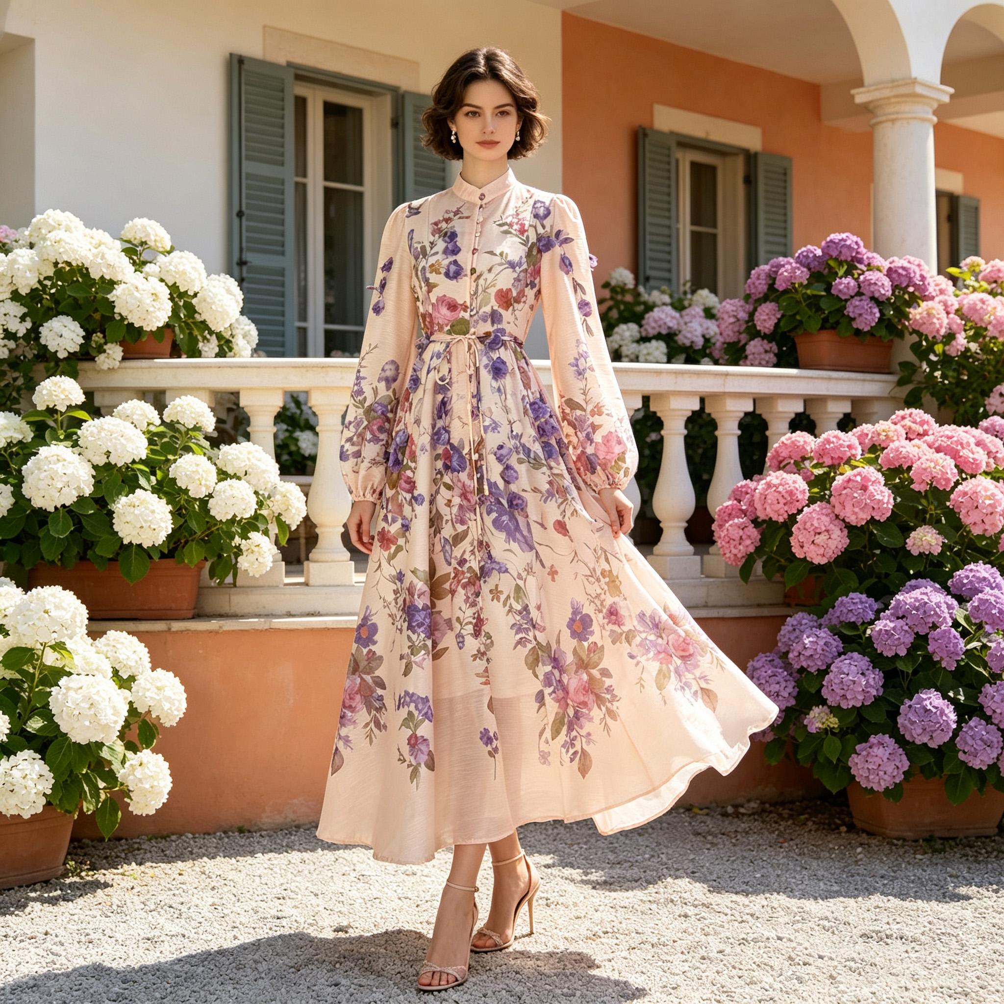 European and American elegant temperament, high-end feeling, heavy industry flower decoration, single breasted button, waist cinching, large swing, long skirt, women's dress European and American elegant temperament, high-end feeling, heavy industry flower decoration, single breasted button, waist cinching, large swing, long skirt, women's dress