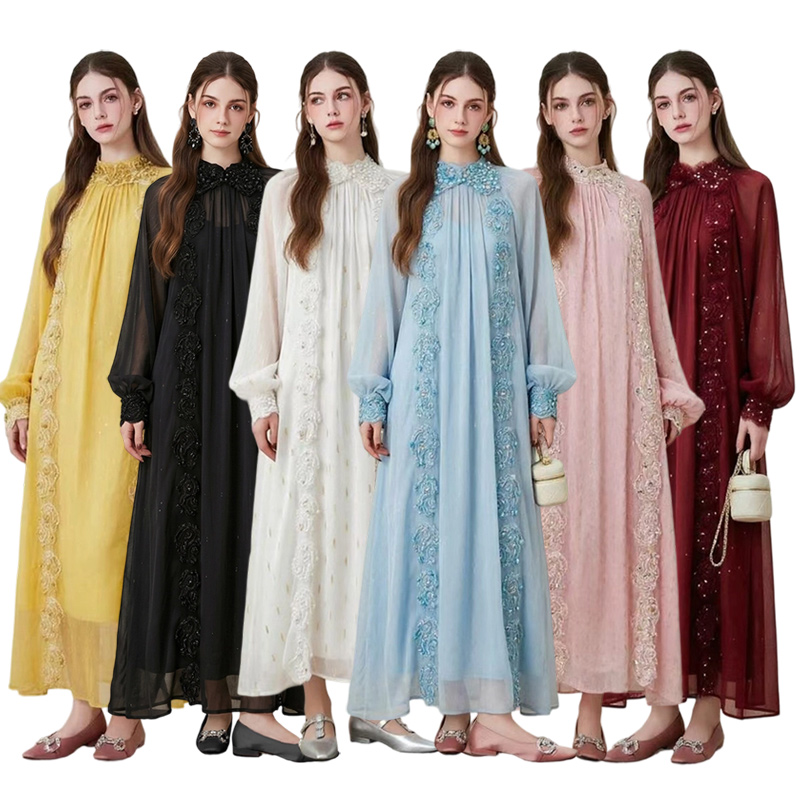 2026 Heavy Industry Nail Bead Lace Embroidered Lantern Sleeve Loose Style Dress
