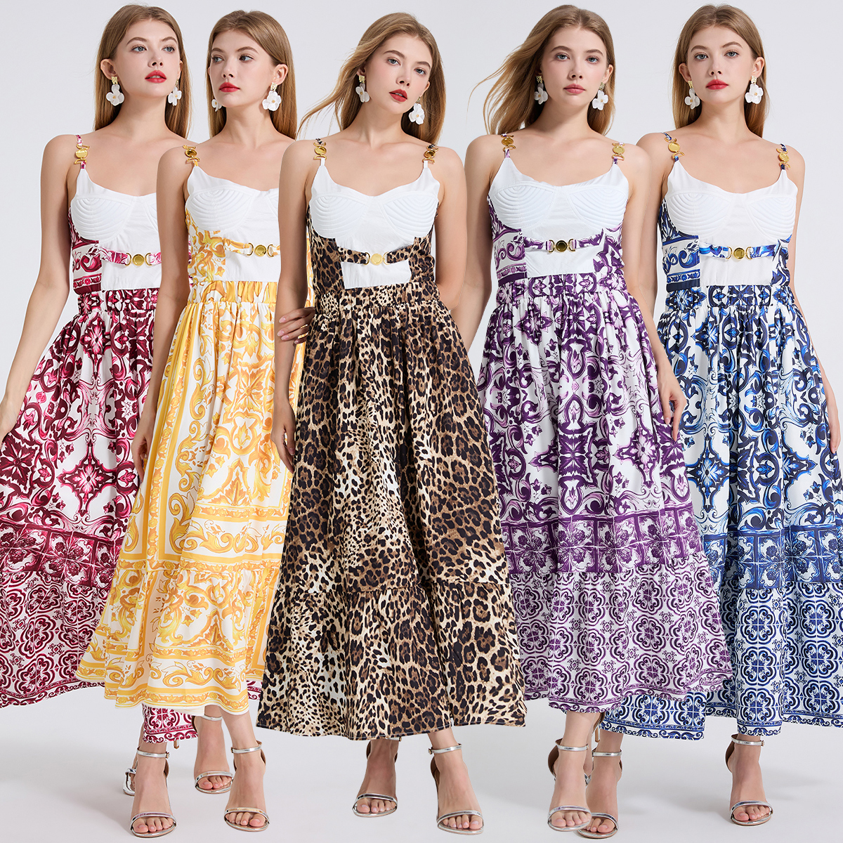 Realistic shooting of classic 5-color 3D embroidered chest cushion, metal buckle strap, elastic band, slim fit, high waist, and large swing dress
