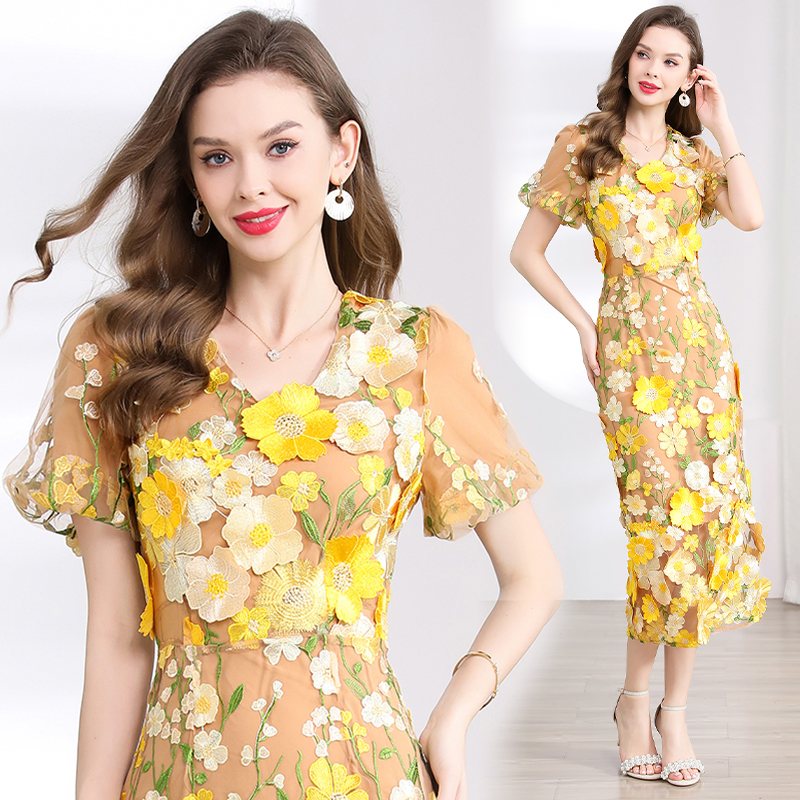 Real shot 774 # Heavy Industry Embroidery 3D Stickers Summer Elegant Bubble Sleeve Dress V-neck Split Dress
