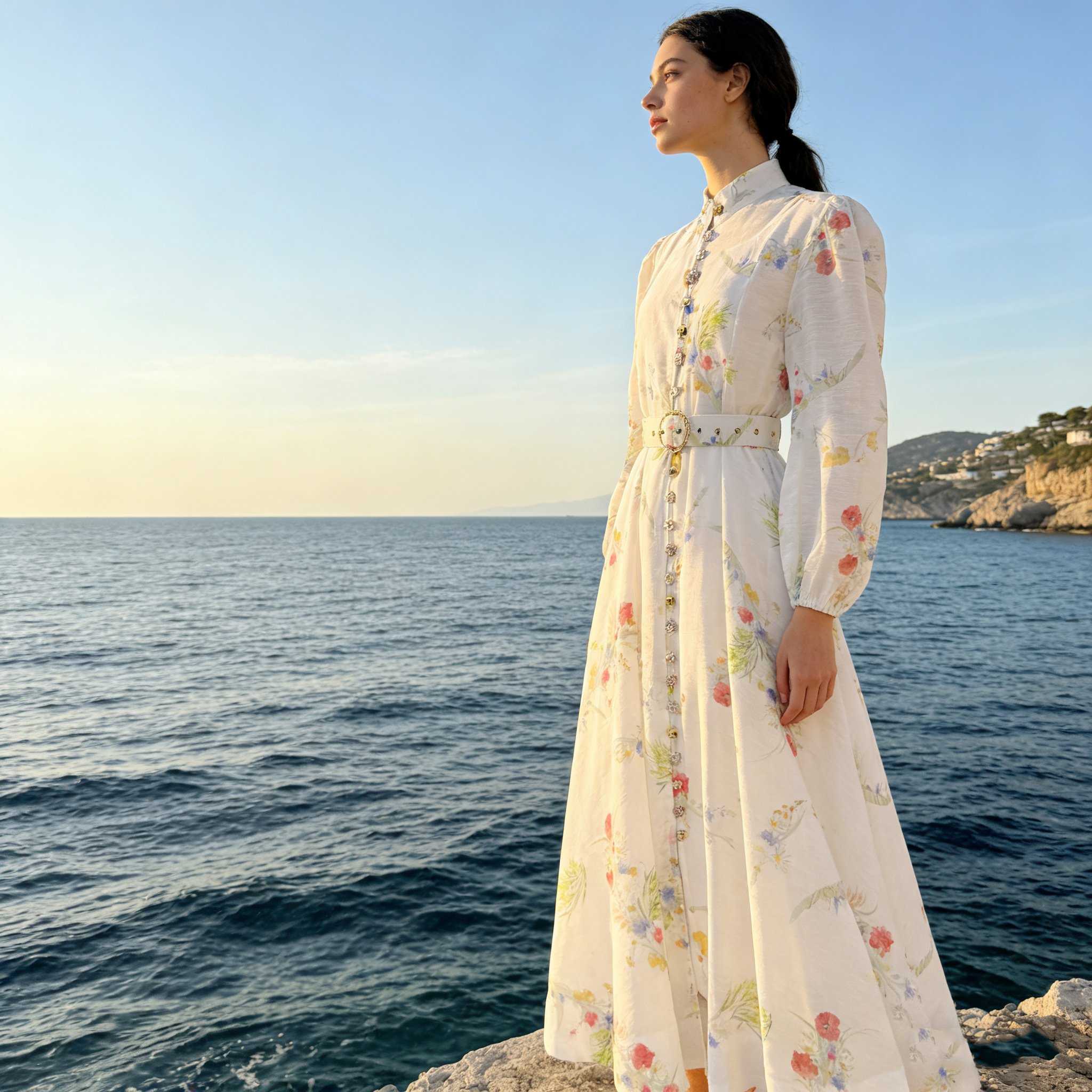 French high-end two-piece dress with retro print stand up collar lantern sleeves and waist cinching big swing dress, long skirt French high-end two-piece dress with retro print stand up collar lantern sleeves and waist cinching big swing dress, long skirt
