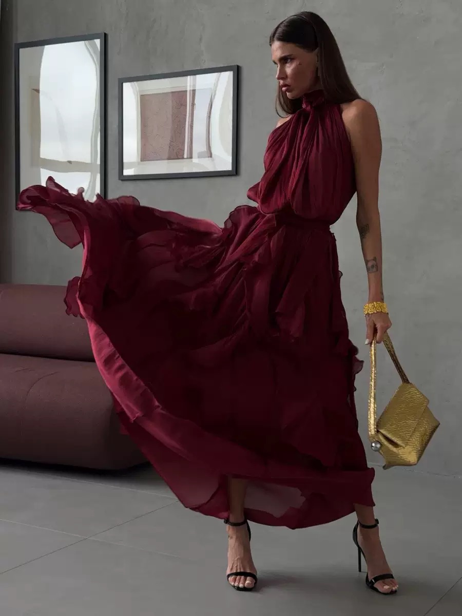 European and American summer new sexy off shoulder sleeveless slim fit dress with ruffled edges, big swing dress, formal dress, long skirt for women European and American summer new sexy off shoulder sleeveless slim fit dress with ruffled edges, big swing dress, formal dress, long skirt for women