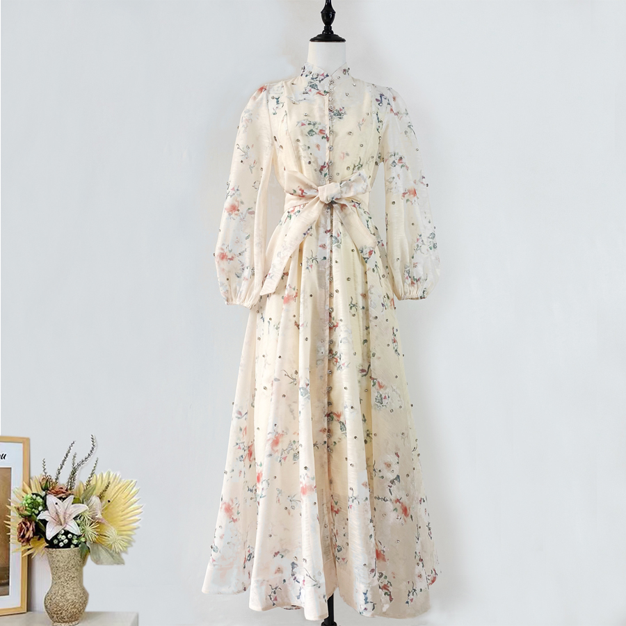 Australian retro print stand up collar lantern sleeves long sleeves heavy studded diamonds elegant socialite temperament two-piece dress long Australian retro print stand up collar lantern sleeves long sleeves heavy studded diamonds elegant socialite temperament two-piece dress long