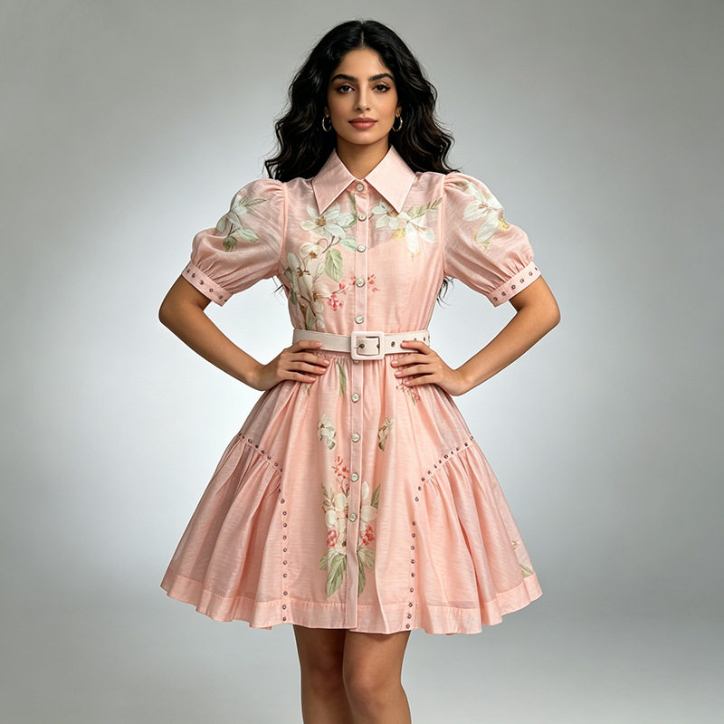 French gentle style pink bubble sleeve plus size dress, beautiful European court style short sleeved elegant short skirt, summer French gentle style pink bubble sleeve plus size dress, beautiful European court style short sleeved elegant short skirt, summer