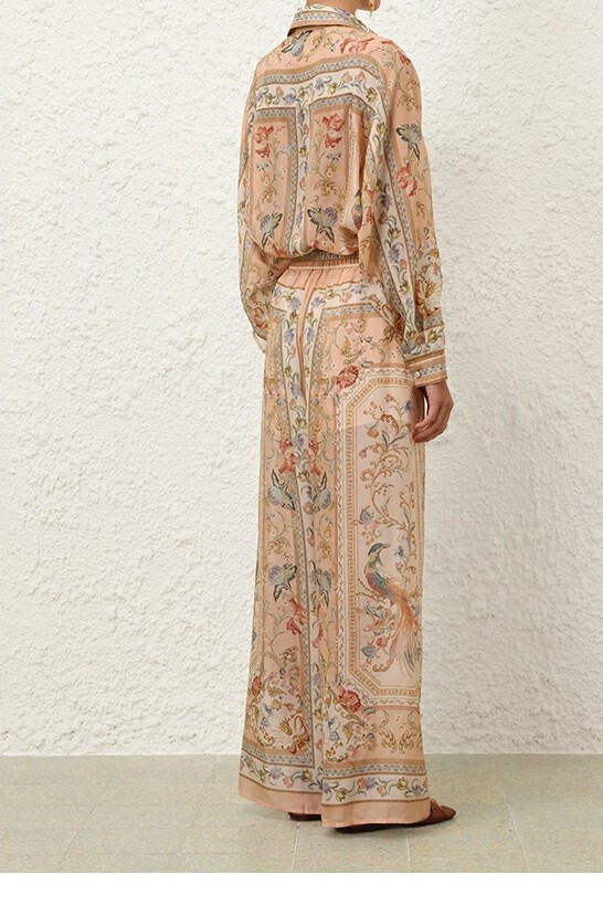 Australian Z Home Silk Texture Printed Casual Long Sleeve Collar Shirt Loose High Waist Pants Set Vacation Style Australian Z Home Silk Texture Printed Casual Long Sleeve Collar Shirt Loose High Waist Pants Set Vacation Style