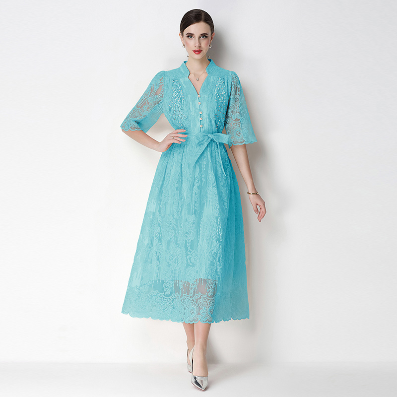 2026 Heavy Industry Lace Hand Embroidered Dress with Waist cinching and Elegant Style 2026 Heavy Industry Lace Hand Embroidered Dress with Waist cinching and Elegant Style