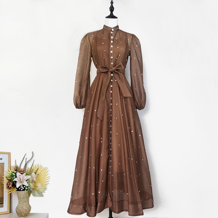 Australian retro print stand up collar lantern sleeves long sleeves heavy studded diamonds elegant socialite temperament two-piece dress long Australian retro print stand up collar lantern sleeves long sleeves heavy studded diamonds elegant socialite temperament two-piece dress long