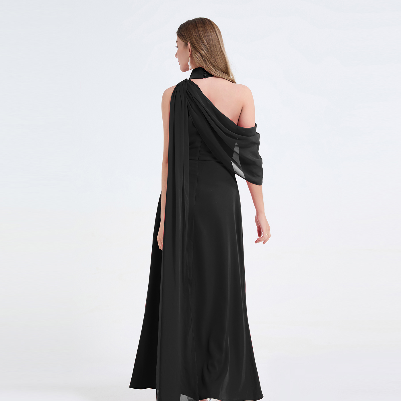 Real shot sexy slanted shoulder patchwork hanging neck high waist slit dress with elegant temperament slit dress Real shot sexy slanted shoulder patchwork hanging neck high waist slit dress with elegant temperament slit dress
