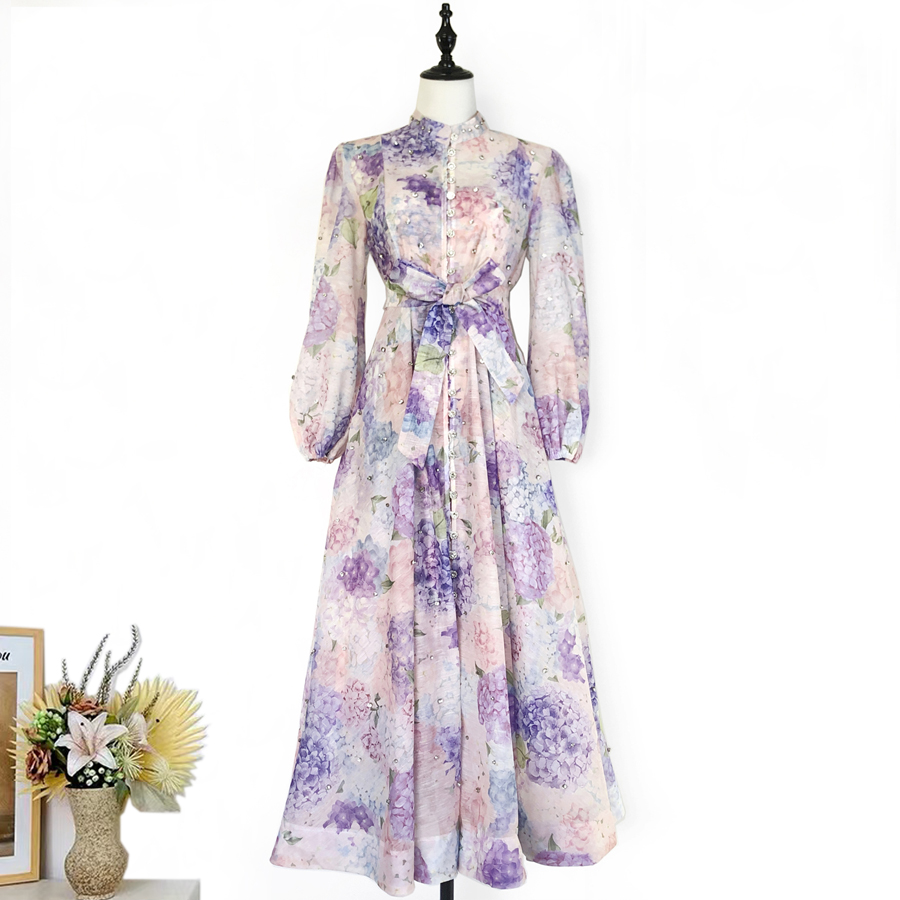 Australian retro print stand up collar lantern sleeves long sleeves heavy studded beads elegant socialite temperament two-piece dress long Australian retro print stand up collar lantern sleeves long sleeves heavy studded beads elegant socialite temperament two-piece dress long