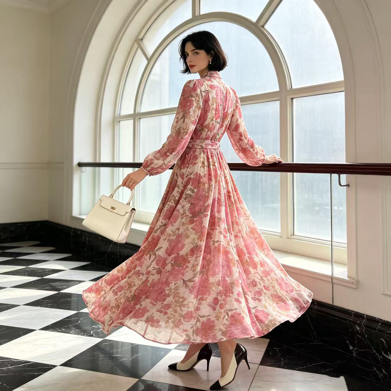 Australian retro print stand up collar lantern sleeves long sleeves heavy studded diamonds elegant socialite temperament two-piece dress long Australian retro print stand up collar lantern sleeves long sleeves heavy studded diamonds elegant socialite temperament two-piece dress long
