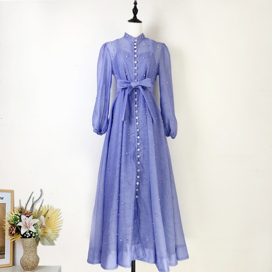 Australian retro print stand up collar lantern sleeves long sleeves heavy studded beads elegant socialite temperament two-piece dress long Australian retro print stand up collar lantern sleeves long sleeves heavy studded beads elegant socialite temperament two-piece dress long
